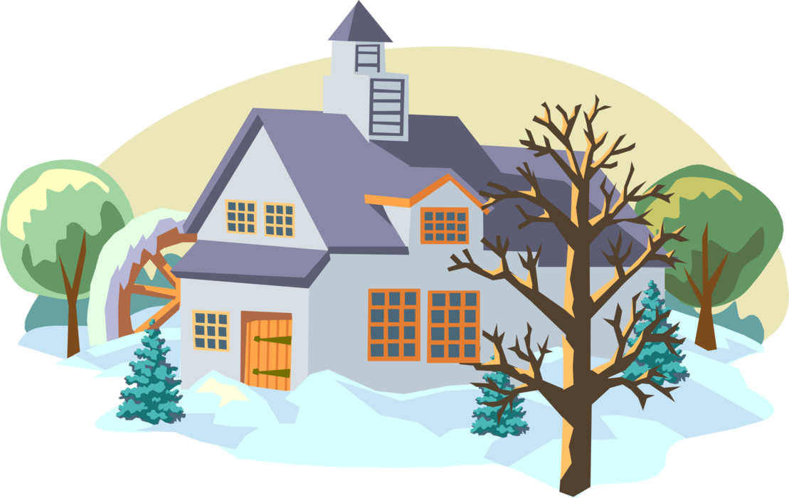 Vector Illustration Of Winter Scene With Grist Mill - House Clipart (1109x700), Png Download