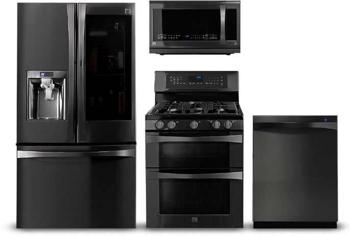 Black Stainless Steel Appliances Kenmore Throughout - Kenmore Elite Black Stainless Dishwasher Clipart (705x468), Png Download