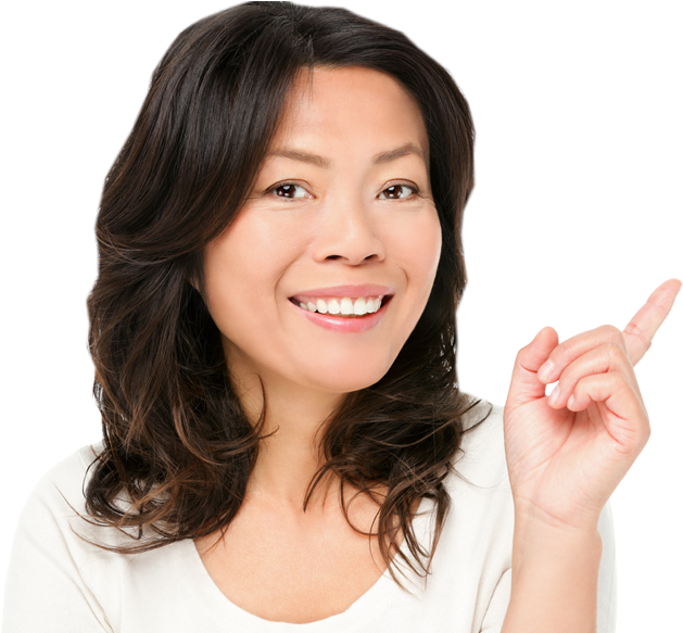 A Nice Lady Pointing At A Button - Asian Woman Smiling Happy Clipart (643x582), Png Download