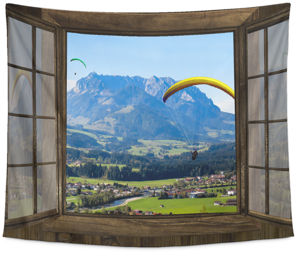 Paragliding Window Tapestry - Вид Из Окна На Горы Clipart (1024x1024), Png Download
