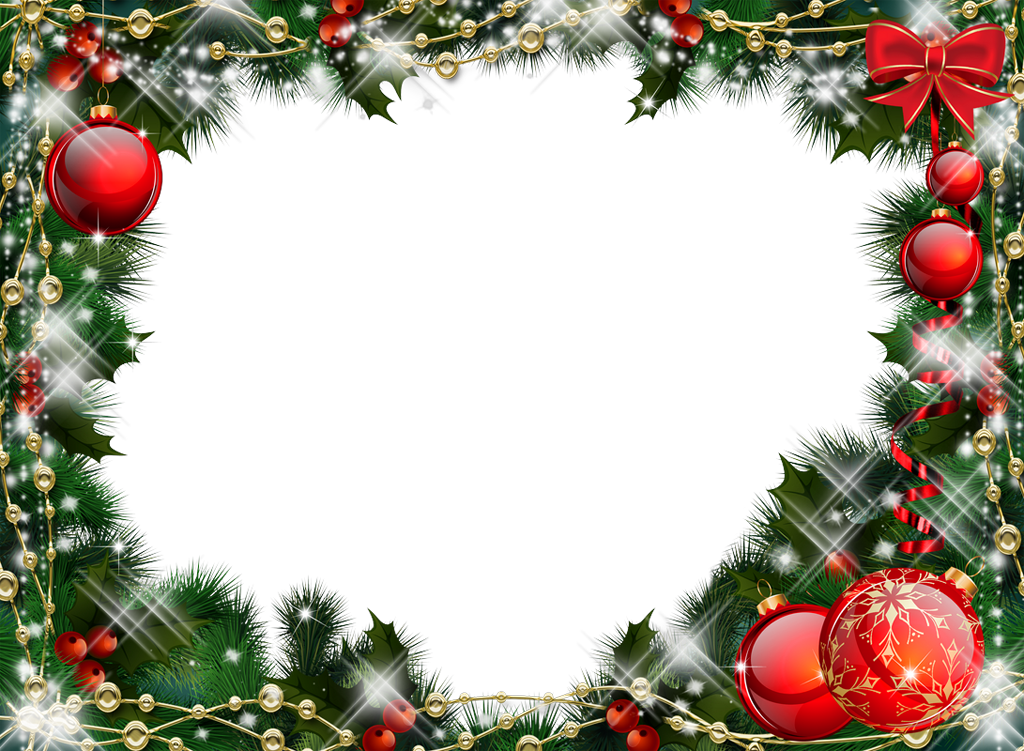 Green Transparent Christmas Photo With Red Ornaments - Christmas Frame Transparent Background Clipart (1024x751), Png Download