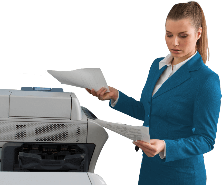 Business Woman Blue Coat Next To Office Printer - Output Device Clipart (865x720), Png Download
