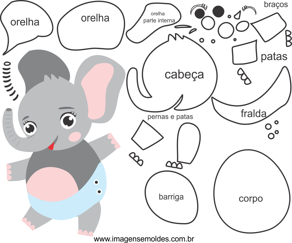 Molde De Elefante Para Eva, Feltro E Artesanato - Molde Da Cara Do Elefante Clipart (955x793), Png Download