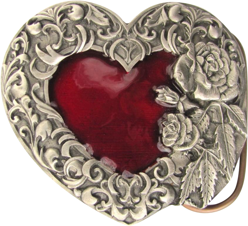 Vintage Women’s Belt Buckle With Red Heart And Decorative - Heart