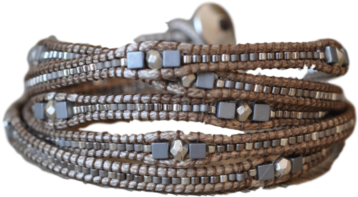 Wrap Bracelet Beaded In Silver, Grey And Gold Tread - Bead Clipart (1216x669), Png Download