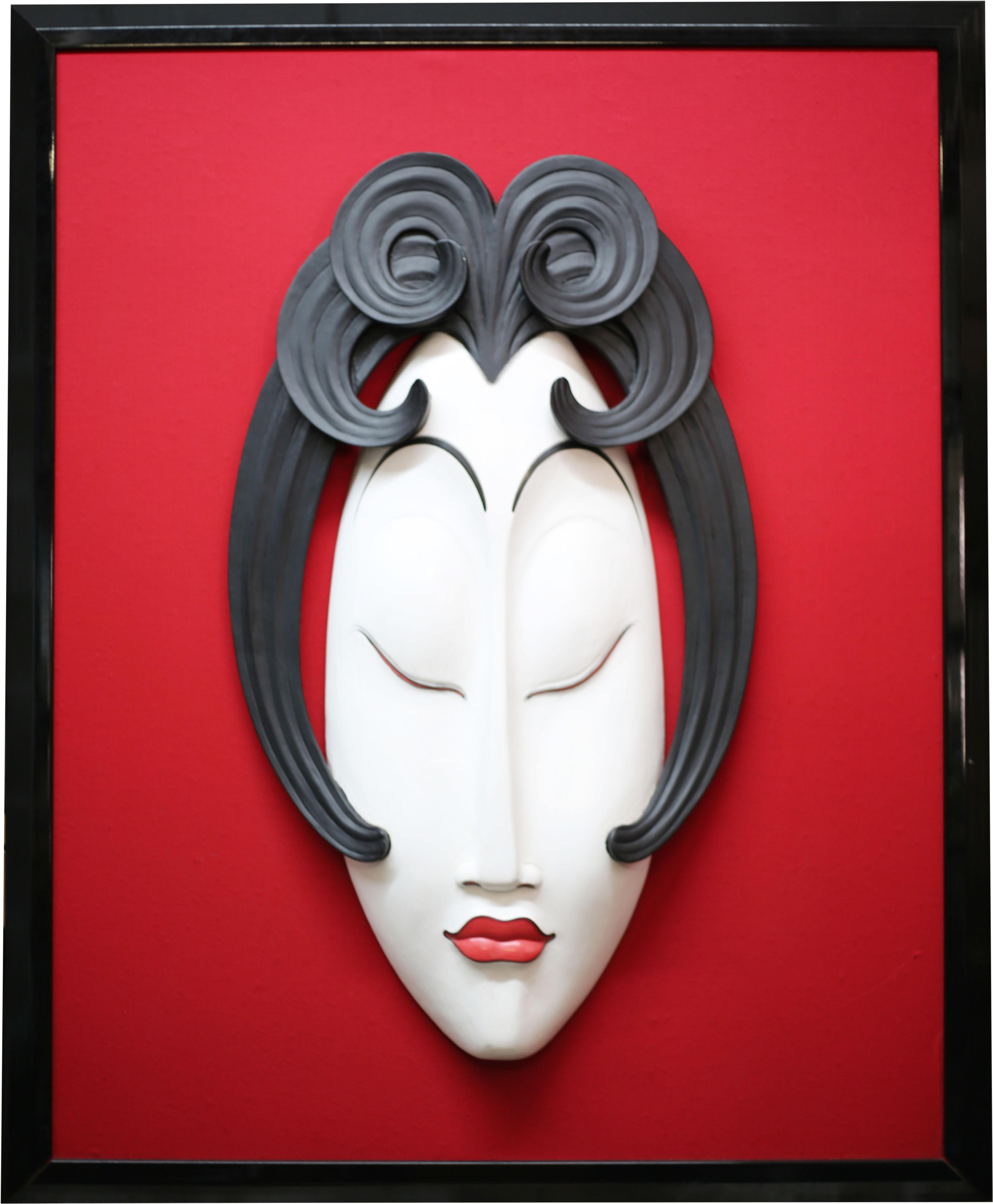 Large Framed Woman's Head Sculpture On Red Fabric On - Mask Clipart (3938x4776), Png Download