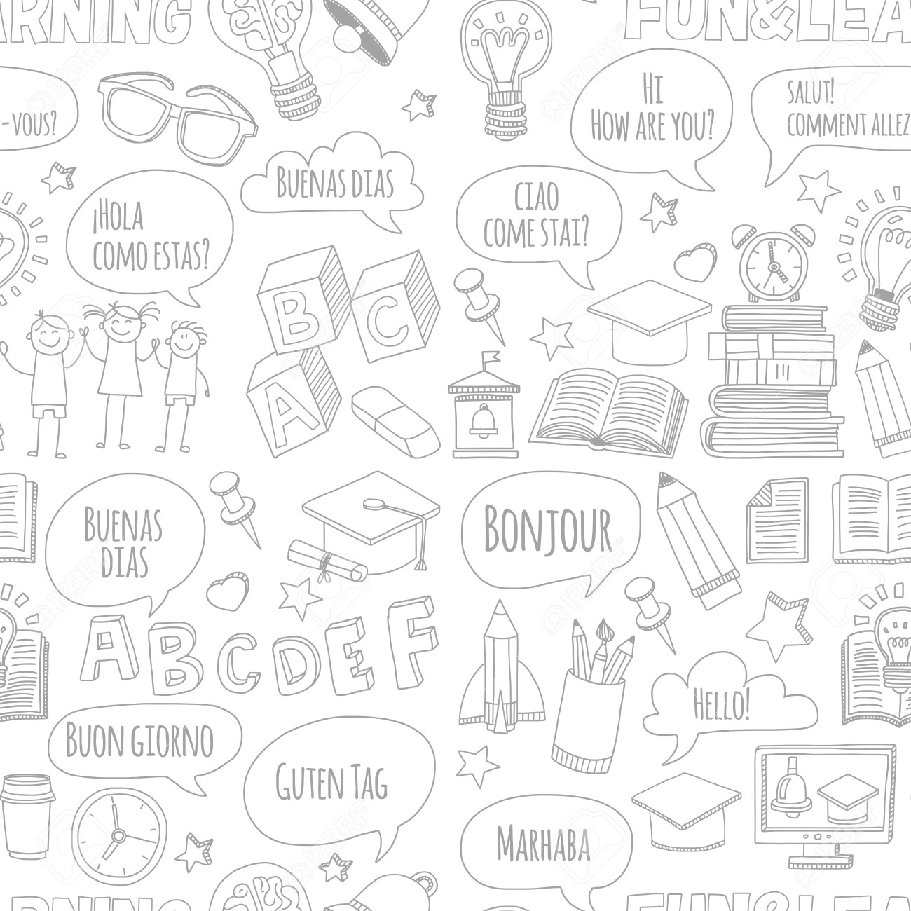 57295476 Language School Doodle Vector Set Hand Drawn - Drawing Clipart (1300x1300), Png Download