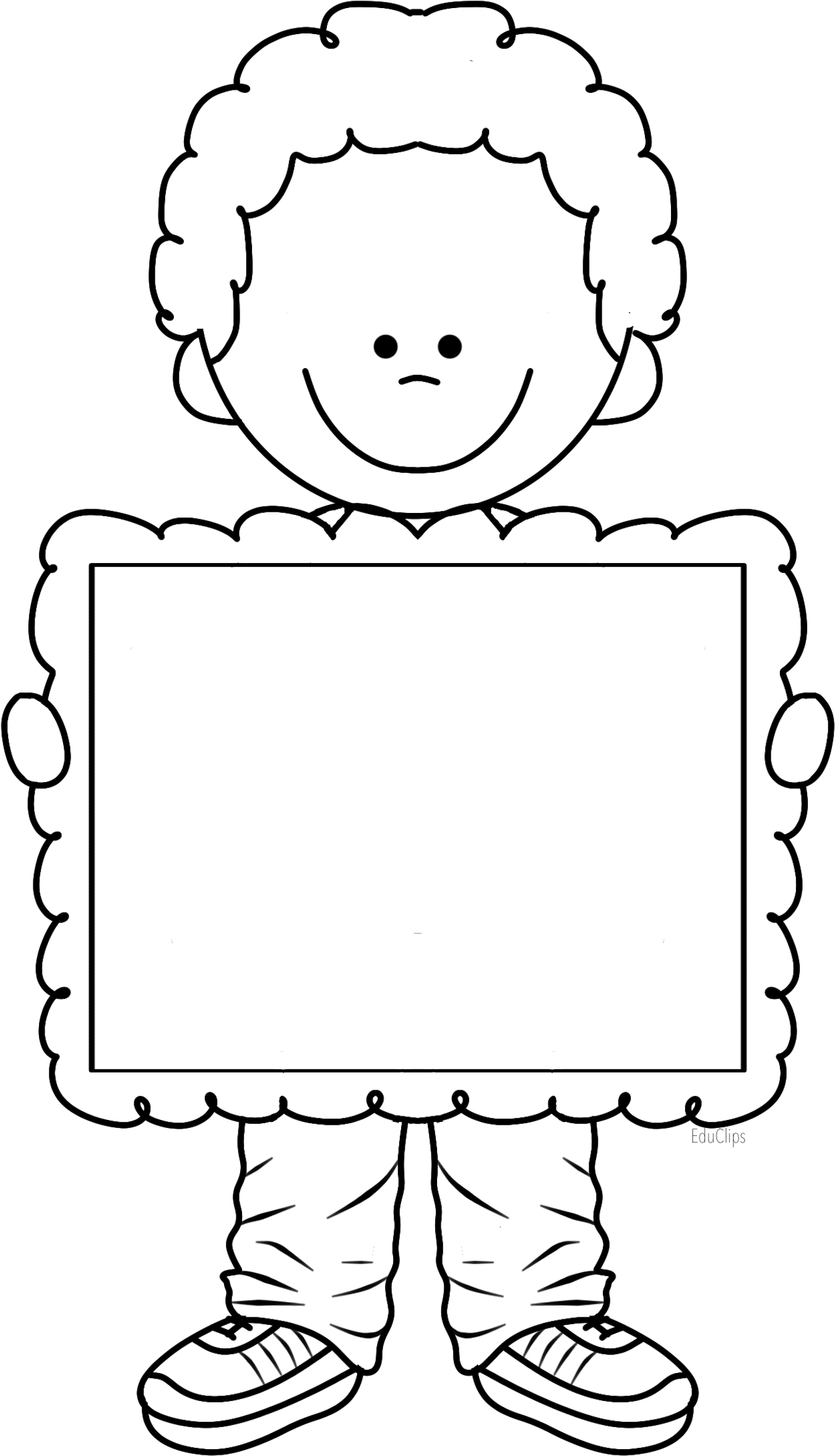 Cute Boy Holding Frame, There's Space To Write Title - Boy Frame Black And White Clipart (1376x2400), Png Download