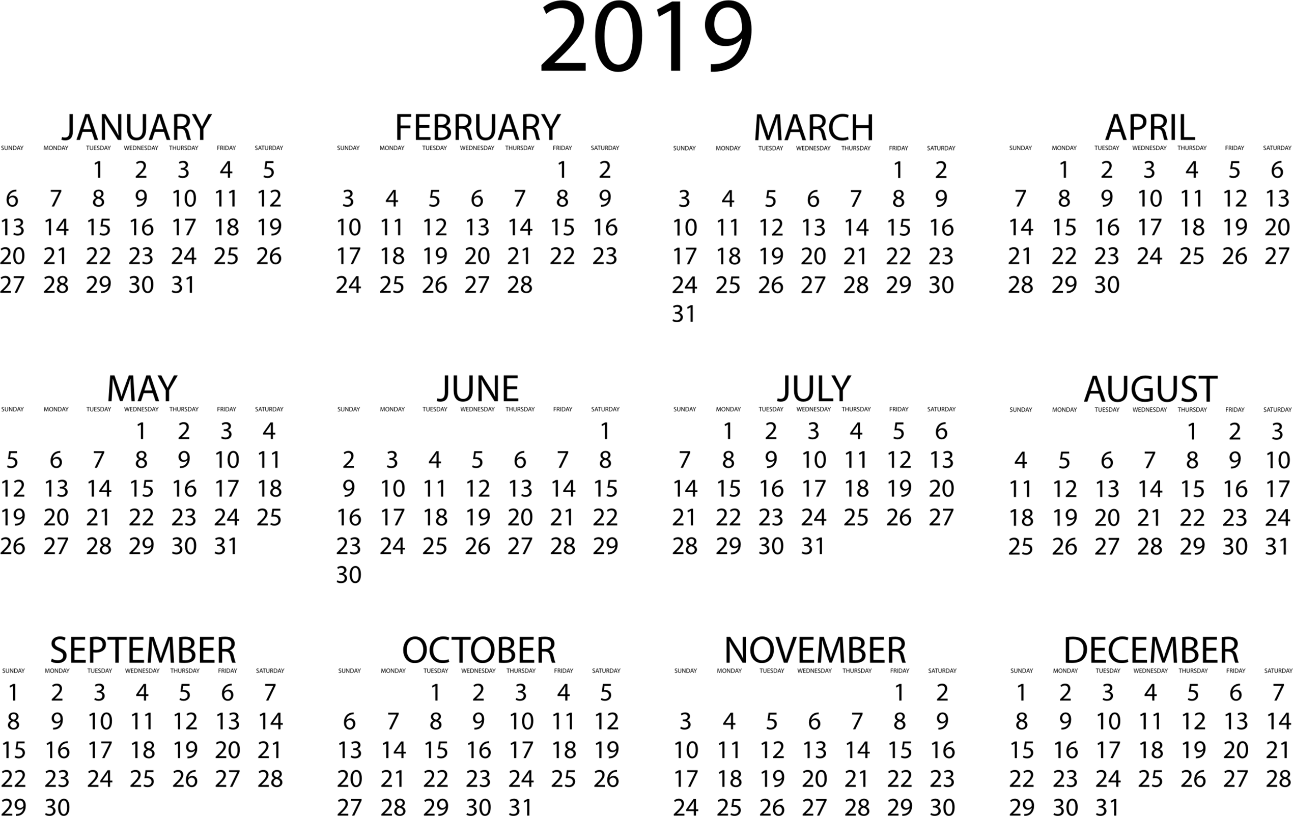 2019 Transparent 01s Calendar - Full Year 2019 Calendar Clipart (2540x1603), Png Download