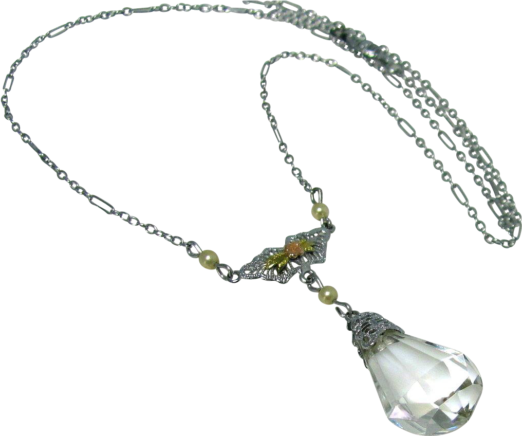 Vintage, Art Deco, 10k White Gold, Crystal Glass, Filigree - Necklace Clipart (1015x1015), Png Download