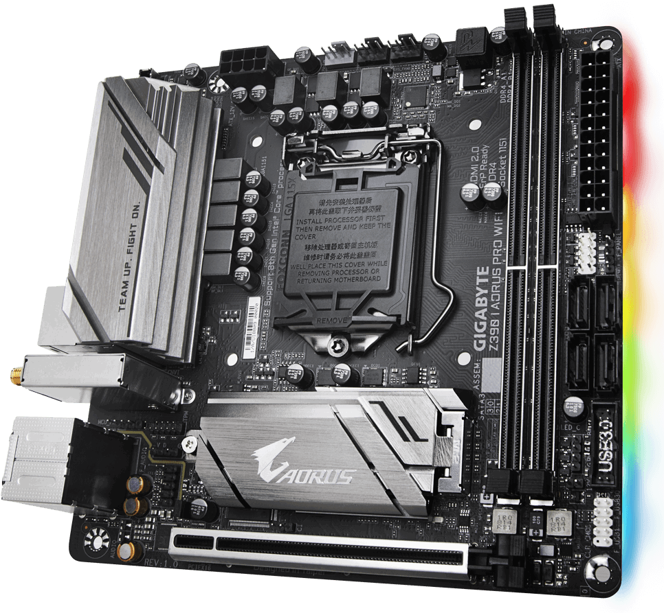 The Mini Itx Sized I Aorus Pro Wifi Has A Single Full - Gigabyte Z390 I Aorus Pro Wifi Clipart (1000x905), Png Download