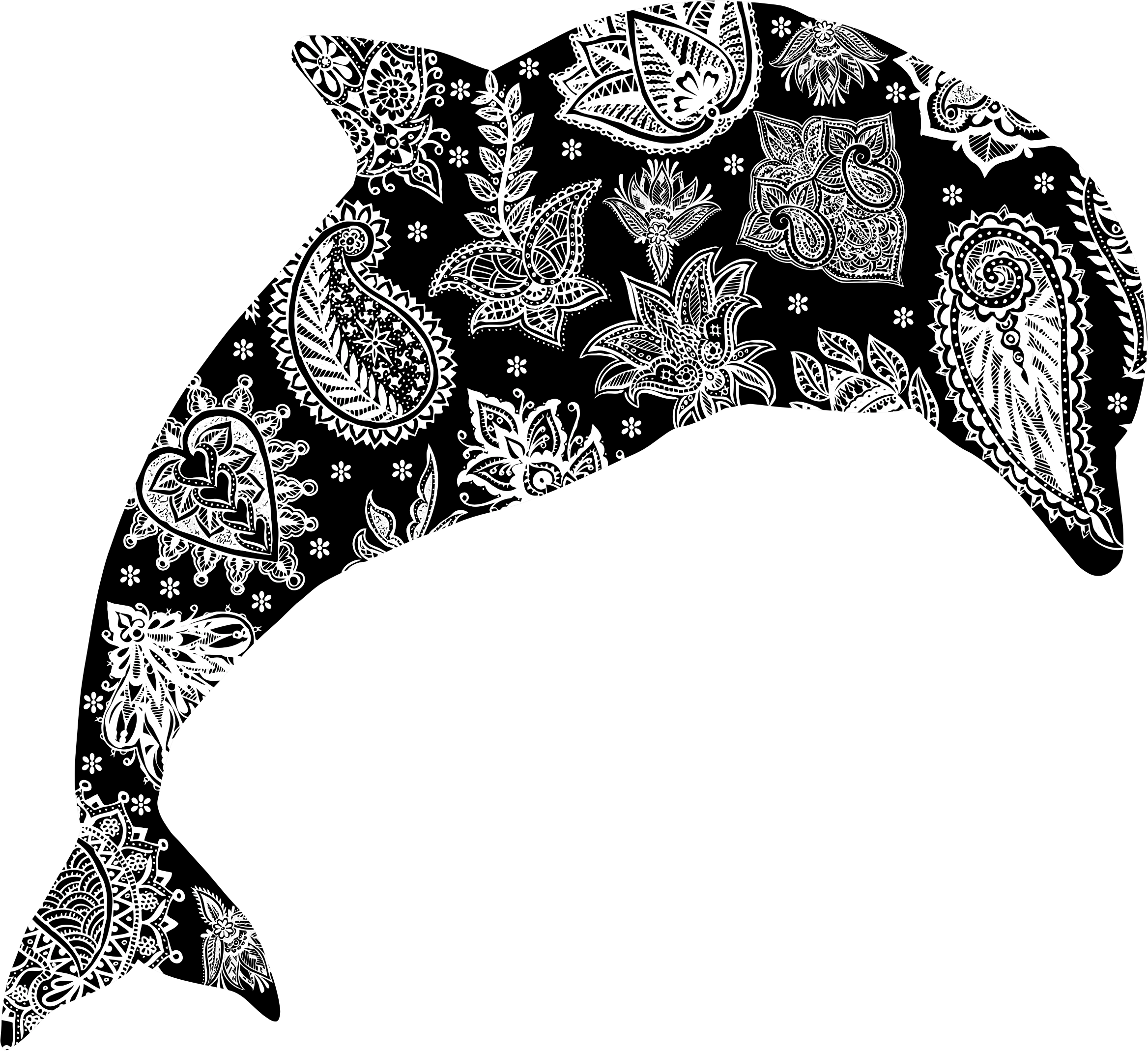 Floral Pattern Dolphin White Icons Png - Black And White Dolphin Drawing Clipart (2336x2138), Png Download
