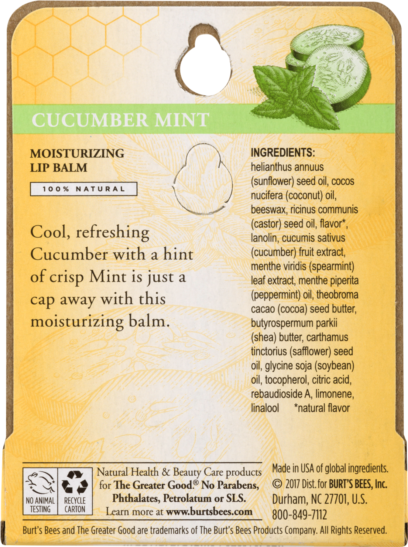 Burt's Bees 100% Natural Moisturizing Lip Balm, Cucumber Clipart (1800x1800), Png Download