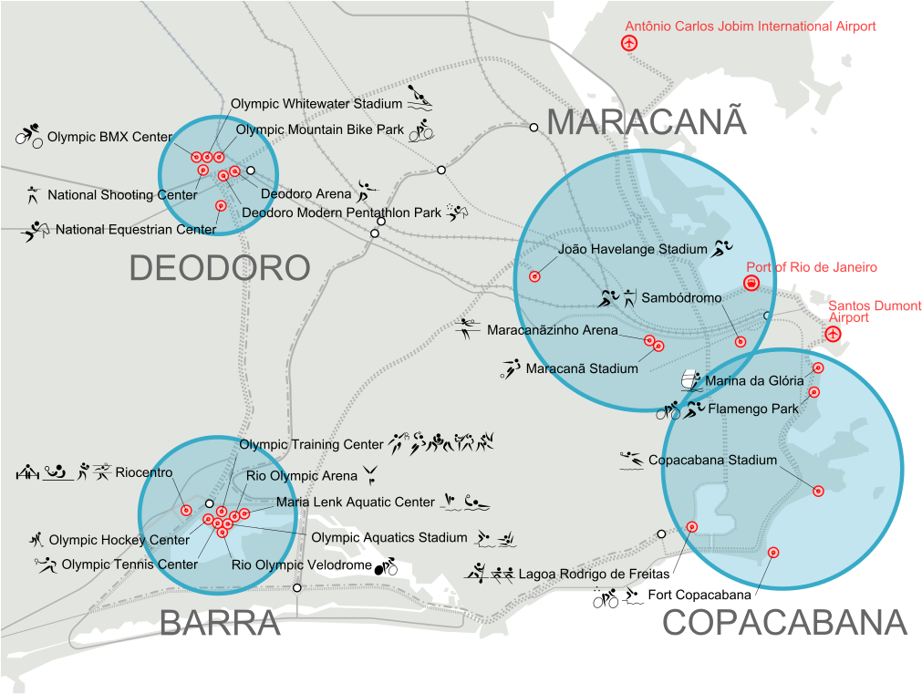 The Four Main Zones For The 2016 Olympics In Rio De - Rio Dangerous Areas Map Clipart (1024x803), Png Download