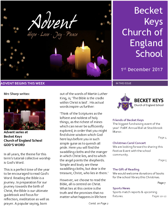 2017 12 01 - Becket Keys Church Of England School Clipart (612x792), Png Download