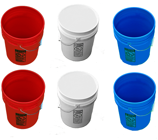 5 Gallon Buckets Six 6 Pack Plastic Red White Blue - Plastic Clipart (640x552), Png Download