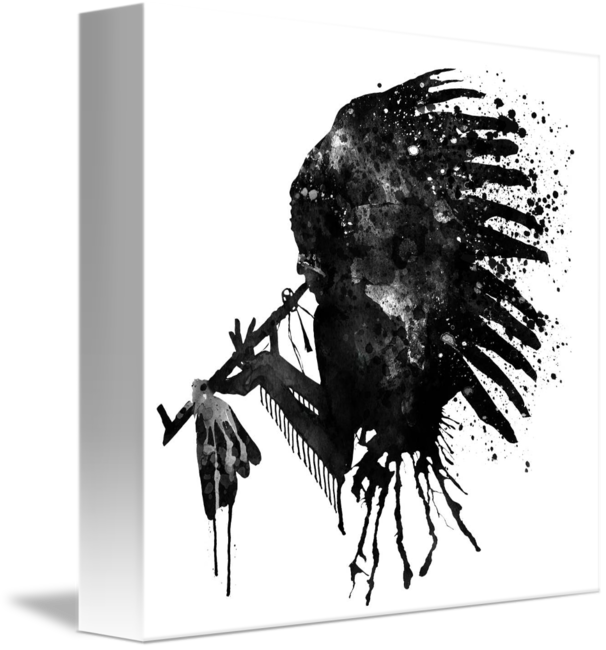 "indian With Headdress Black And White Silhouette" - Indian Headdress Canvas Art Clipart (606x650), Png Download
