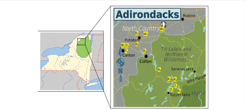 Map Of New York State And Surrounding States In The - Adirondack Park Map Clipart (850x383), Png Download