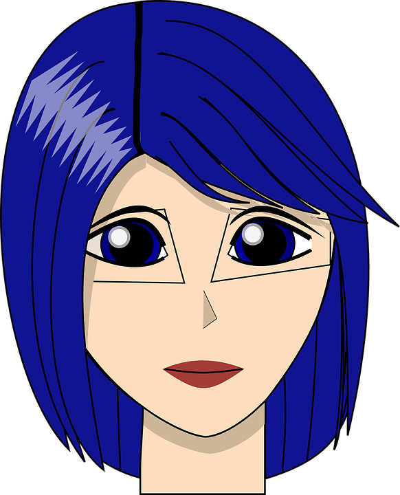 Girl Face Head Blue Hair Eyes Lady Woman Young - Girl With Blue Hair Cartoon Clipart (582x720), Png Download