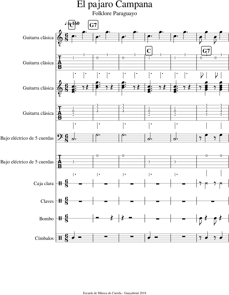 El Pajaro Campana Sheet Music For Guitar, Bass, Percussion - Partitura Pajaro Campana Guitarra Clipart (850x1100), Png Download