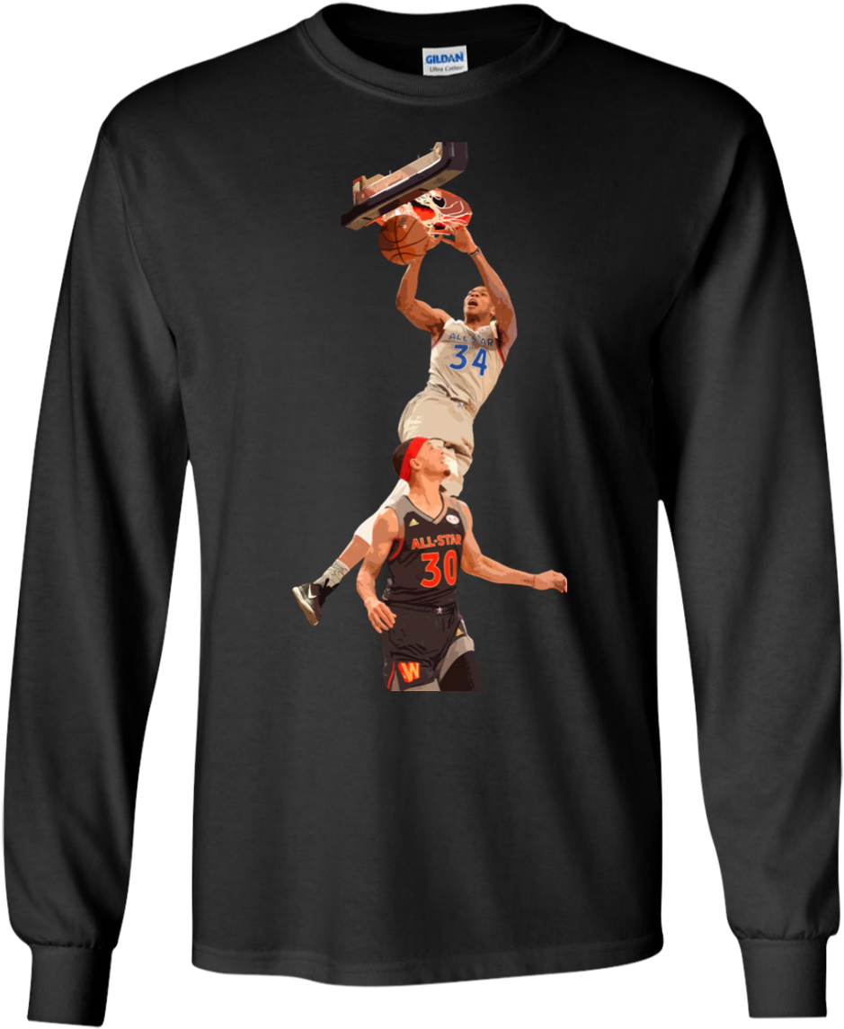 Image 559px Giannis Dunk On Steph Curry In The All - T-shirt Clipart (1155x1155), Png Download