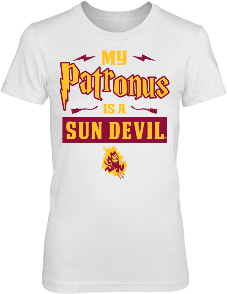 My Patronus Is A Sun Devil From Arizona State - White Marvel Logo T Shirt Clipart (723x937), Png Download