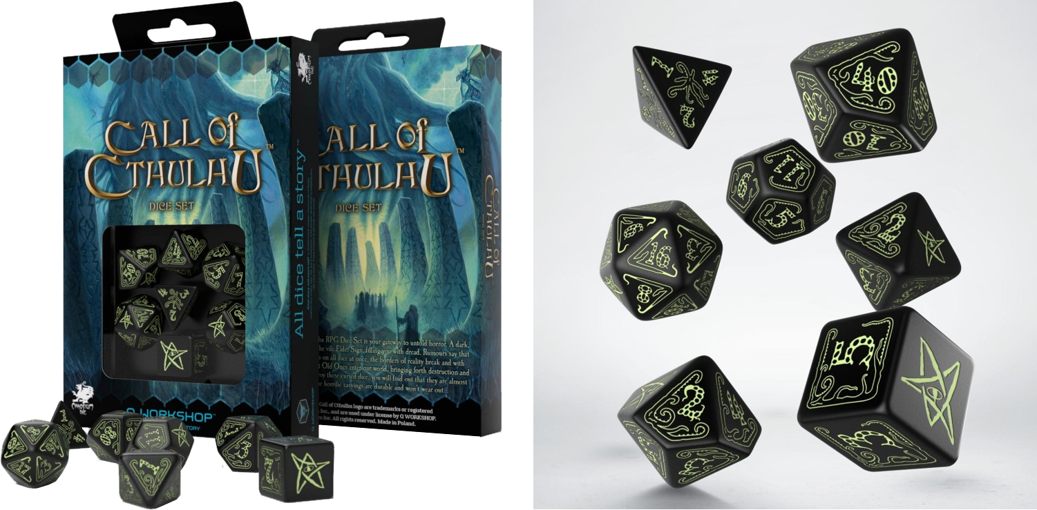 Q Workshop Call Of Cthulhu Black/glow In Dark 7 Die - Call Of Cthulhu Glow In The Dark Dice Clipart (1501x739), Png Download