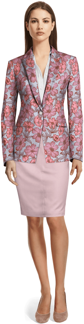 Pink Floral Polyester Skirt Suit-view Front - Double Breasted Skirt Suit Clipart (437x1401), Png Download