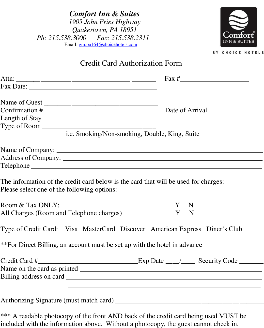 Credit Card Authorization Form For Choice Hotels Form - Pdf Printable Credit Card Authorization Form Clipart (1224x1584), Png Download