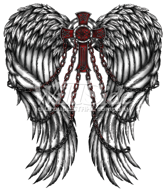 Wings Cross Chains - Angel Wings And Chains Tattoo Clipart (675x675), Png Download