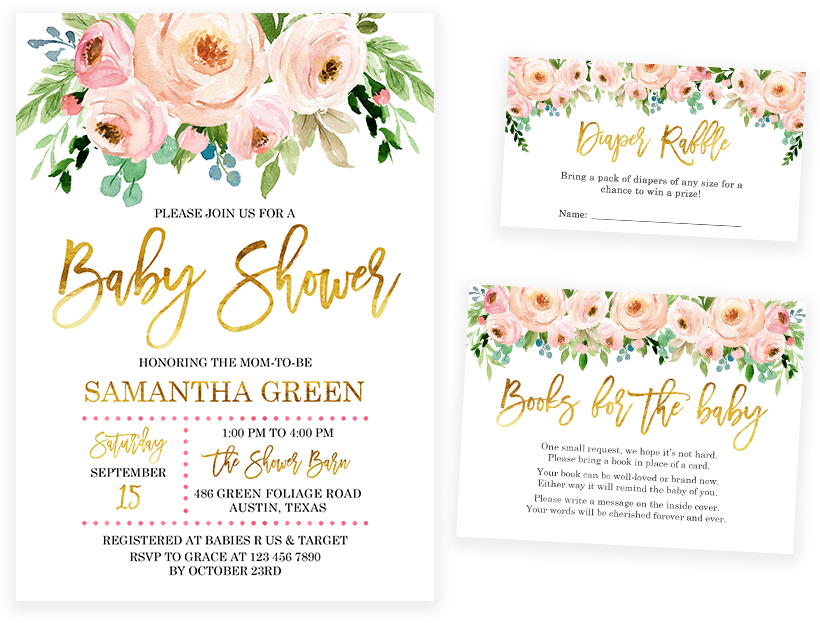 Pink And Gold Floral Baby Shower Invitation Pack - Free Printable Floral Baby Shower Invitations Clipart (820x623), Png Download