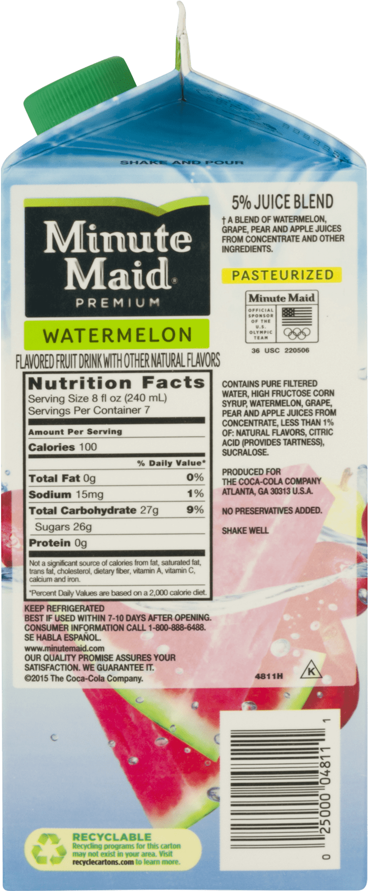 Minute Maid Premium Fruit Drink Watermelon 59 Fl Oz - Minute Maid Tropical Punch Nutrition Label Clipart (1800x1800), Png Download