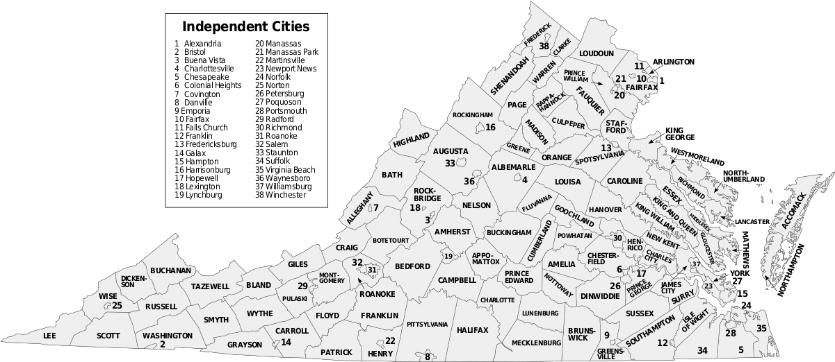 Virginia State Map With Cities And Counties - Mpa Of Independent Cities In Virginia Clipart (1200x557), Png Download