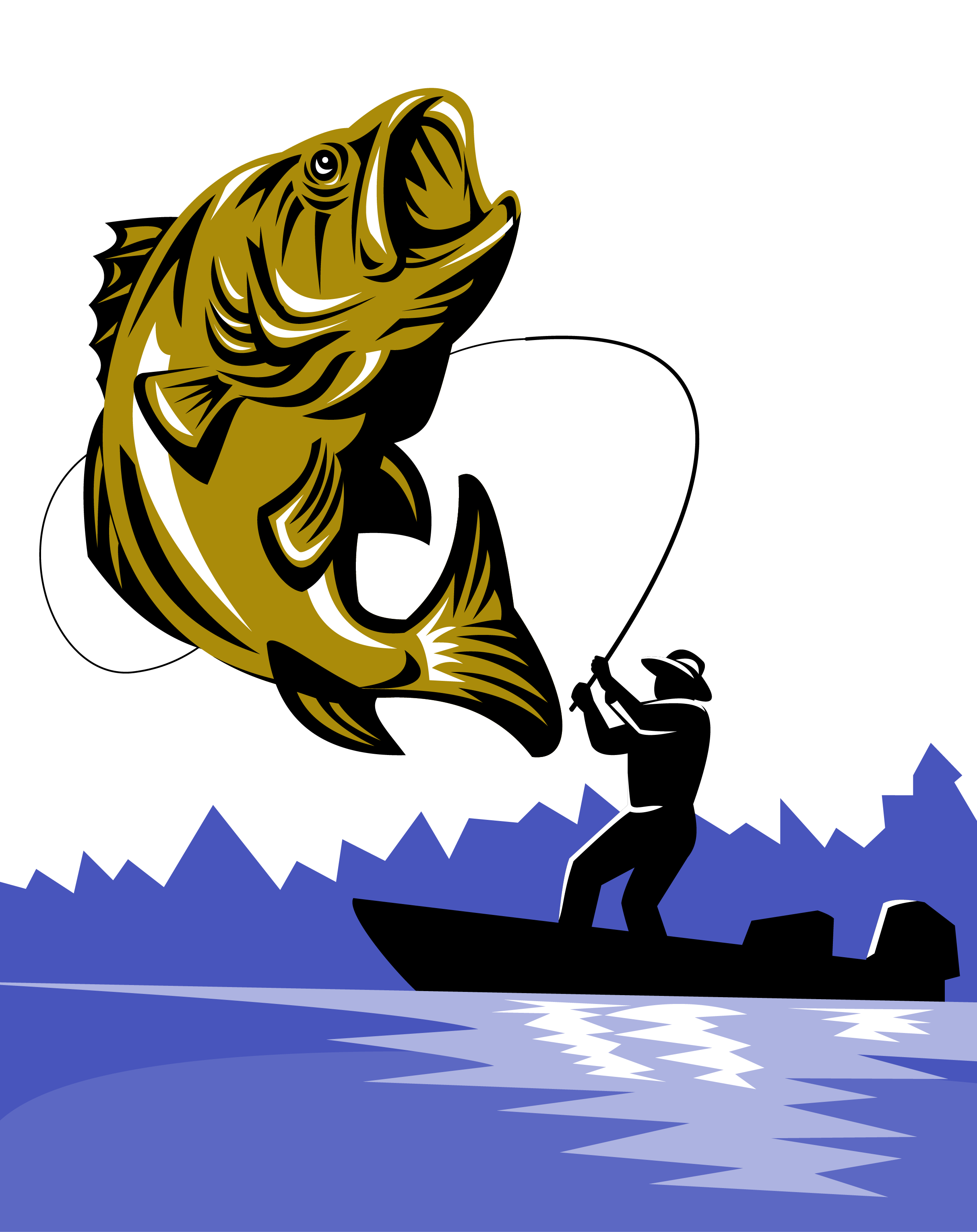 Bass Fishing Fishing Rod Fly Fishing - Largemouth Bass Fish And Fly Fisherman Clipart (2427x3058), Png Download