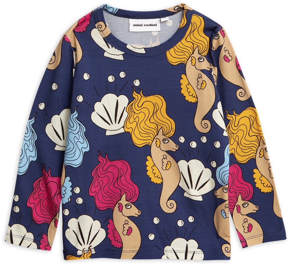 Mini Rodini Navy Seahorse Print Long Sleeve Top Clipart (1100x1430), Png Download
