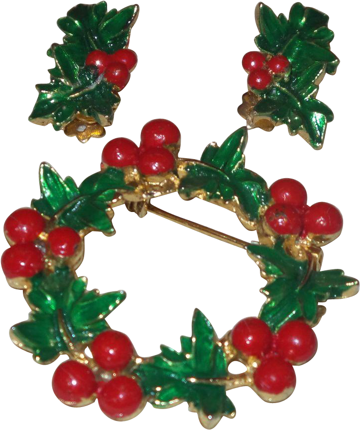 Vintage Holly Berry Wreath Brooch And Clip Earrings - Wreath - Png Download (861x861), Png Download