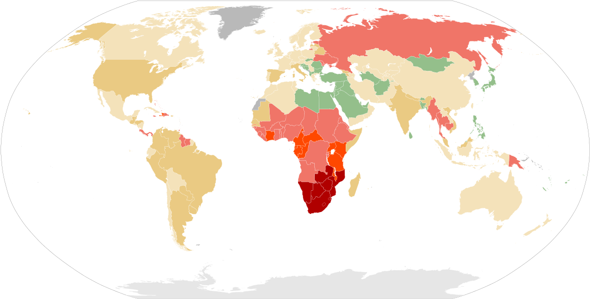 Aids And Hiv Prevalence - Daylight Savings World Map Clipart (1280x650), Png Download