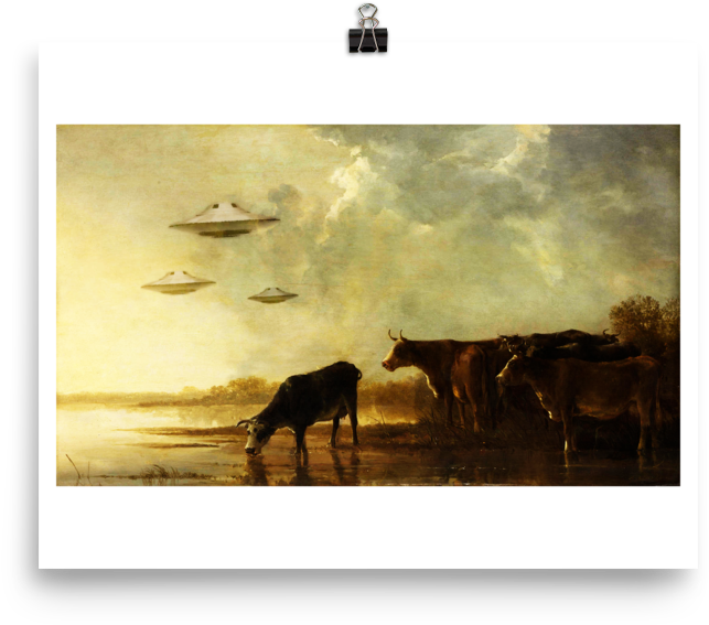 Saucers And Cattle - River Landscape With Cows Clipart (643x567), Png Download