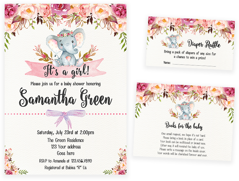 Elephant Floral Boho Invitation Pack - Baby Elephant With Flower Crown Invitation Clipart (820x623), Png Download