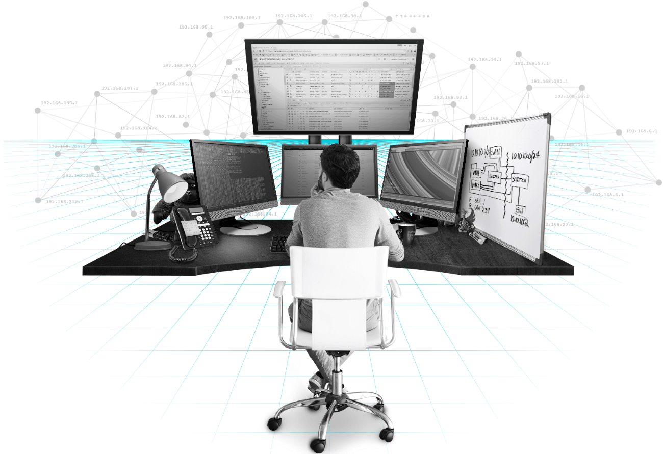 A Service Tech Sits In Front Of A Desk With Monitors - War Room Ti Clipart (1300x891), Png Download