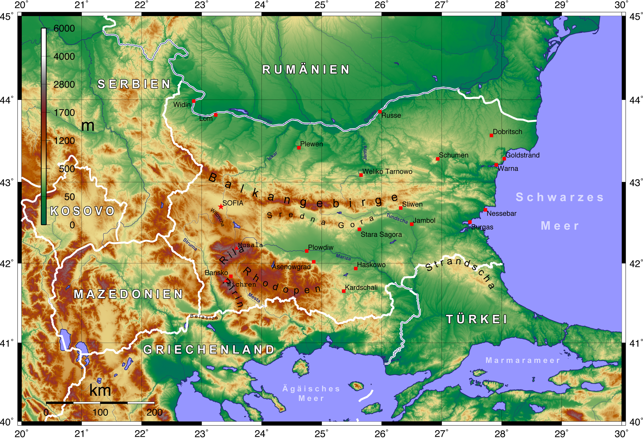Topographic Map Of Bulgaria German - Bulgaria Physical Map Clipart (2200x1500), Png Download
