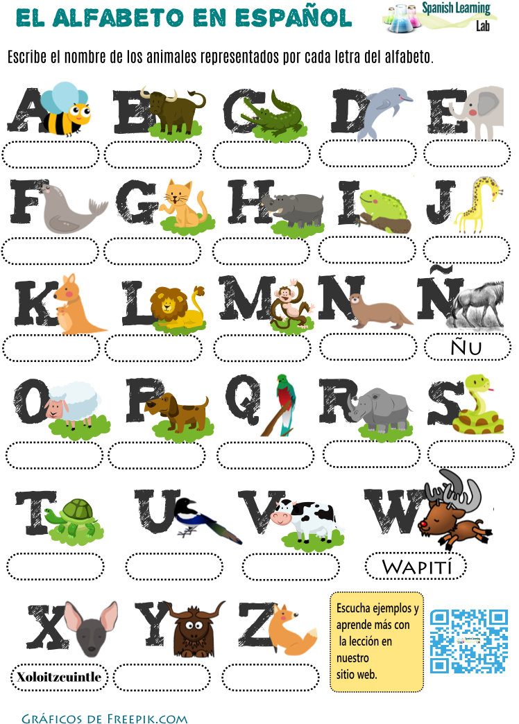 Alphabet In Spanish With Animals - Animales En Espanol Hoja De Trabajo Clipart (794x1123), Png Download