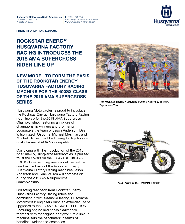 Rockstar Energy Husqvarna Factory Racing Introduces - Motorcycle Clipart (800x944), Png Download