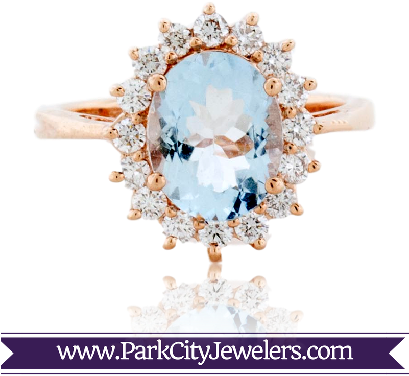 Oval Aquamarine & Round Diamond Rose Gold Ring There - Blue Diamond Snowflake Ring Clipart (800x800), Png Download