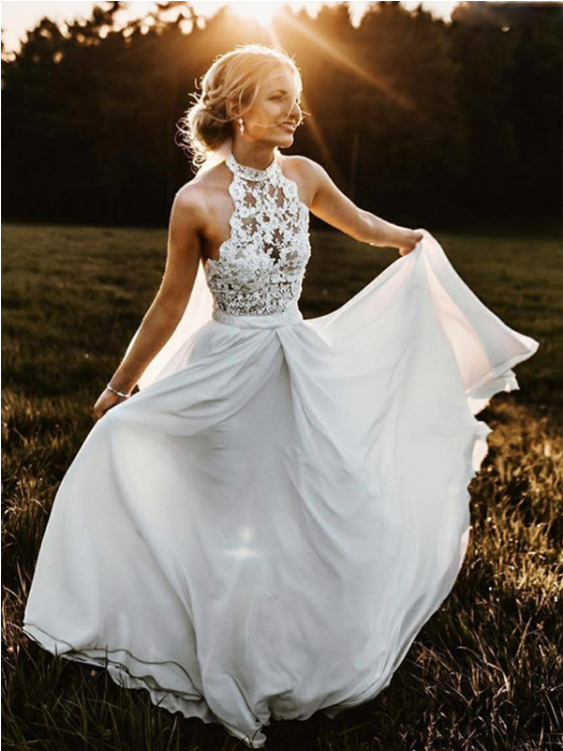 Hot Sale Nice Sleeveless Wedding Dress, Lace Wedding - Halter Top Boho Wedding Dress Clipart (750x750), Png Download