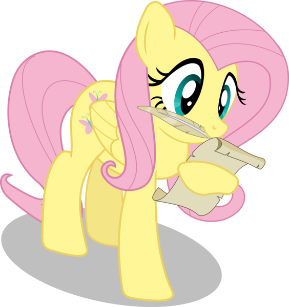 Matty4z, Cute, Fluttershy, Mouth Hold, Quill, Safe, - Cartoon Clipart (564x600), Png Download