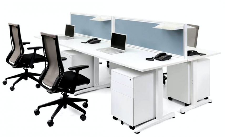Juro Leg Cluster Of 4 Desks With Blue Screens-855x855 - Computer Desk Clipart (855x855), Png Download