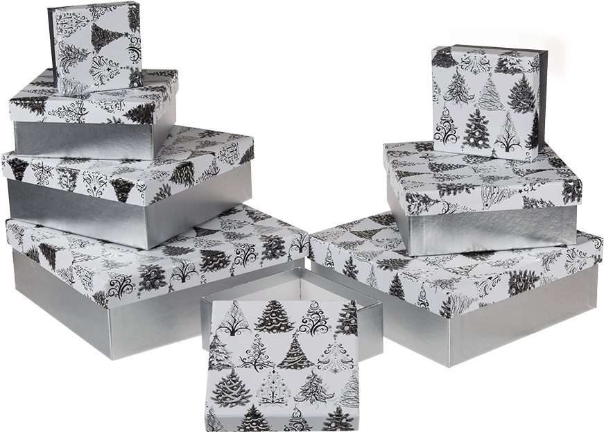 Caja De Regalo Blanca Con Árboles De Navidad Plateados - Caja De Regalo Plateada Clipart (945x709), Png Download
