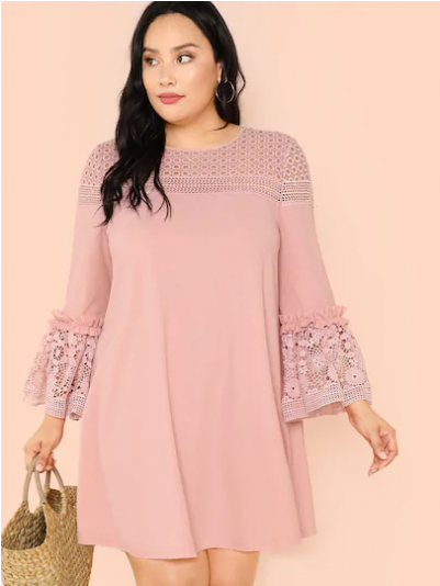 Vestido Rosa Con Encaje - Ruffle Sleeve Pink Dress Plus Size Clipart (600x533), Png Download