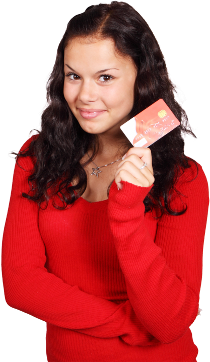 Download Smiling Girl Holding Credit Card Png Image - Girl Holding Card Png Clipart (500x744), Png Download